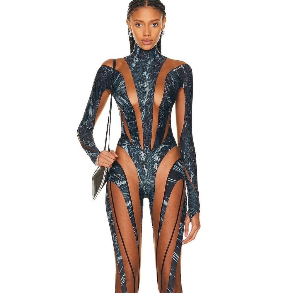 New Mugler Long Sleeve Jumpsuit in Warped Snake Black & Nude 02 FWRD - Picture 8 of 8